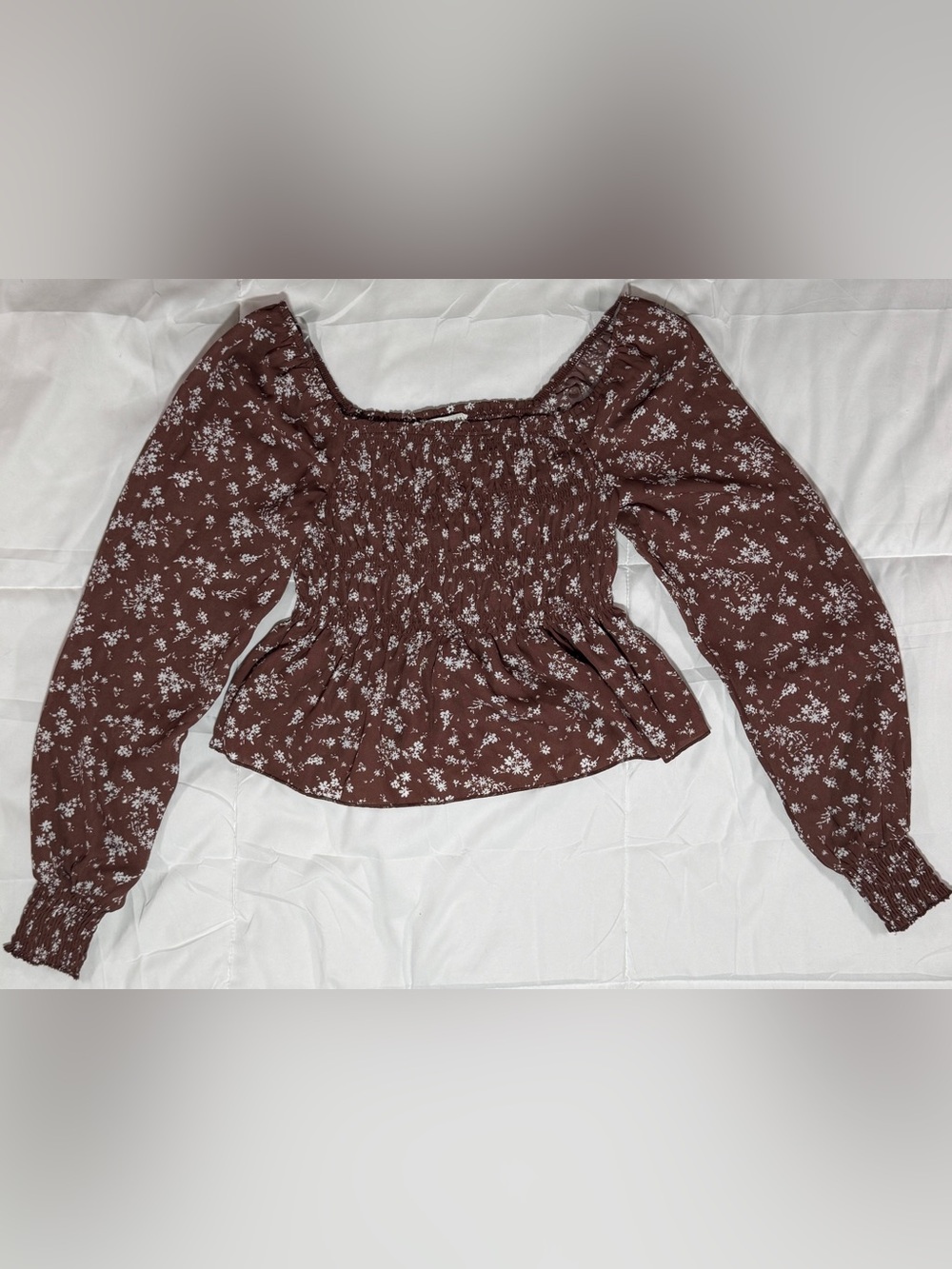 NWT Brown Square-Neck Floral Long-Sleeve Blouse